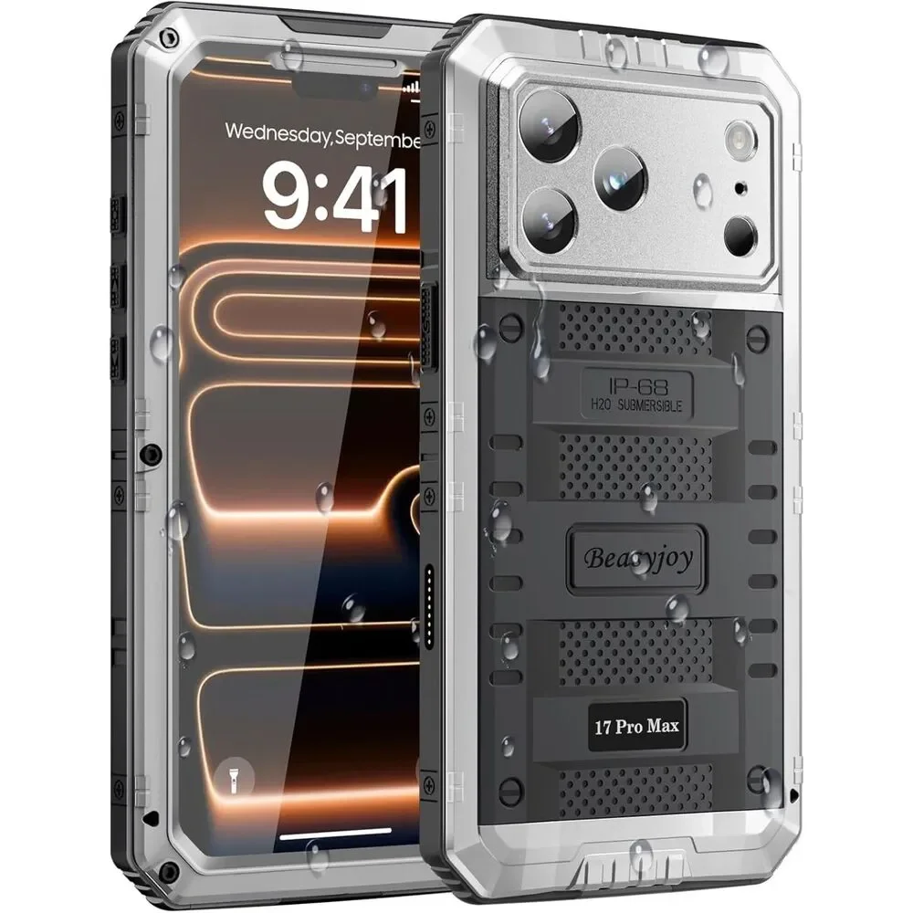 Beasyjoy iPhone 17 Pro Max Case Waterproof Heavy Duty Metal Rugged Cover Silver
